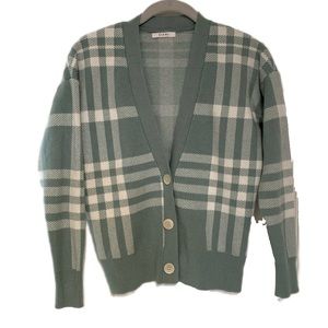 Sioni SZ S Green/White Plaid Knit Cardigan Sweater